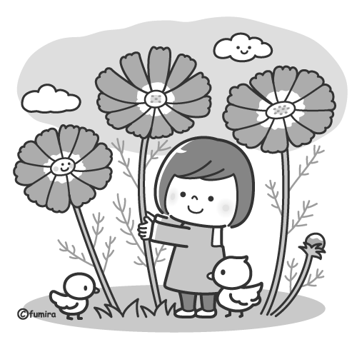 コスモスと子供のイラスト（モノクロ）