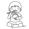 食欲の秋・新米を食べる子どものイラスト(ぬりえ)