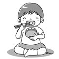 食欲の秋・新米を食べる子どものイラスト(モノクロ)