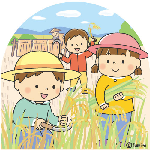 稲刈りをする子どもたちのイラスト（カラー）