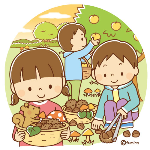 秋のイメージ・くりひろい・果物狩り・キノコ狩りをするこどもたちのイラスト（ソフト）
