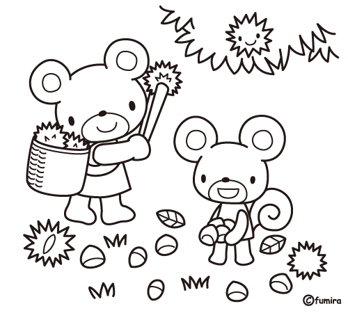 どんぐり・くりひろいのイラスト（ぬりえ））
