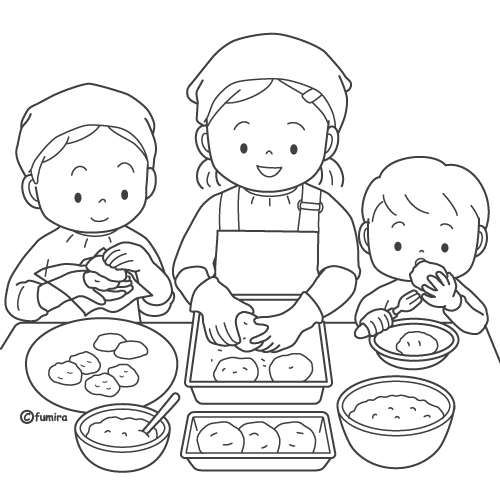 おはぎを作るこどもたちのイラスト(ぬりえ)