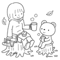 お茶を飲む女の子とくまさん(ぬりえ)