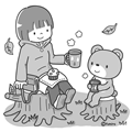 お茶を飲む女の子とくまさん(モノクロ)