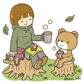 お茶を飲む女の子とくまさん(カラー)