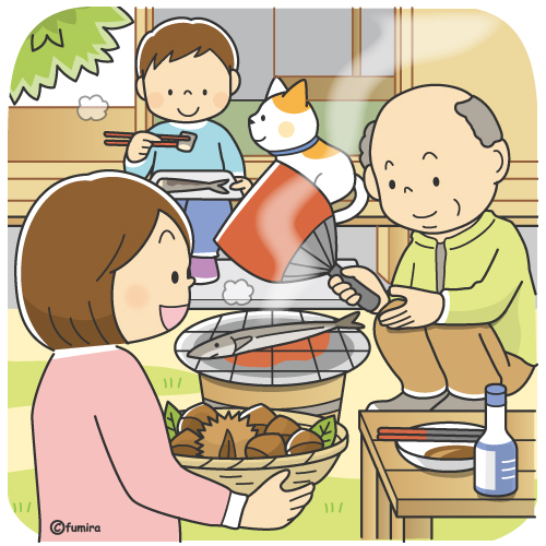 七輪でサンマを焼く家族のイラスト（カラー）