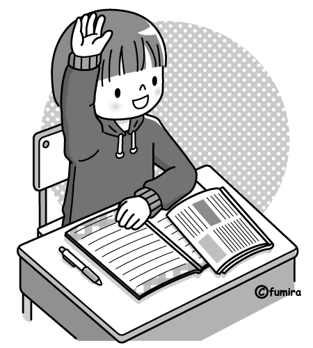 授業中手をあげる生徒（モノクロ）