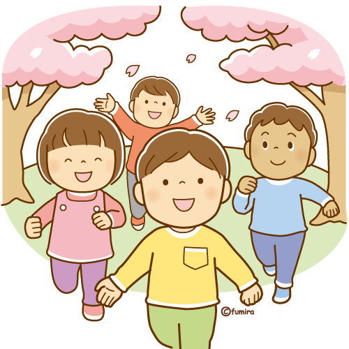 桜の下を走っている子どもたちのイラスト（ソフト）