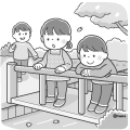 橋の上から小川をのぞきこむ子どものイラスト(モノクロ 橋の上から小川をのぞきこむ子どものイラスト(モノクロ)