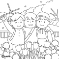 桜をバックに写真を撮る春の遠足の子どもたちのイラスト(ぬりえ) 桜をバックに写真を撮る春の遠足の子どもたちのイラスト(ぬりえ)