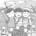桜をバックに写真を撮る春の遠足の子どもたちのイラスト(モノクロ) 桜をバックに写真を撮る春の遠足の子どもたちのイラスト(モノクロ)