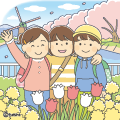 桜をバックに写真を撮る春の遠足の子どもたちのイラスト(カラー) 桜をバックに写真を撮る春の遠足の子どもたちのイラスト(カラー)