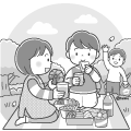 桜が咲いている公園でお花見をしている子どもたちのイラスト(モノクロ) 桜が咲いている公園でお花見をしている子どもたちのイラスト(モノクロ)