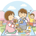 桜が咲いている公園でお花見をしている子どもたちのイラスト(カラー) 桜が咲いている公園でお花見をしている子どもたちのイラスト(カラー)