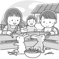 子供向けの牧場でうさぎと触れ合う子どもたちのイラスト(モノクロ) 子供向けの牧場でうさぎと触れ合う子どもたちのイラスト(モノクロ)
