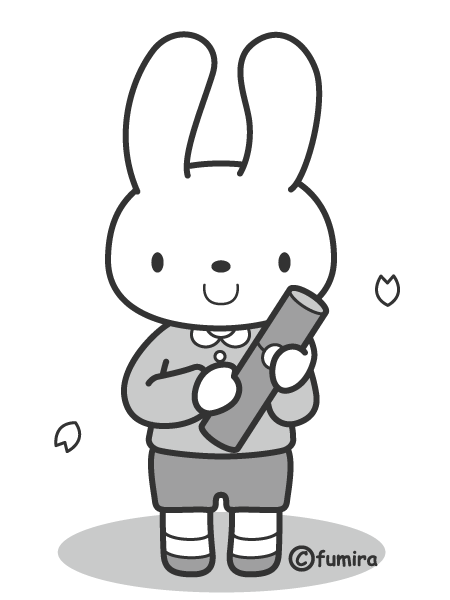 卒園式のうさぎのイラスト・ニッコリ（モノクロ）