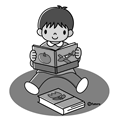 絵本を読む男の子(モノクロ)