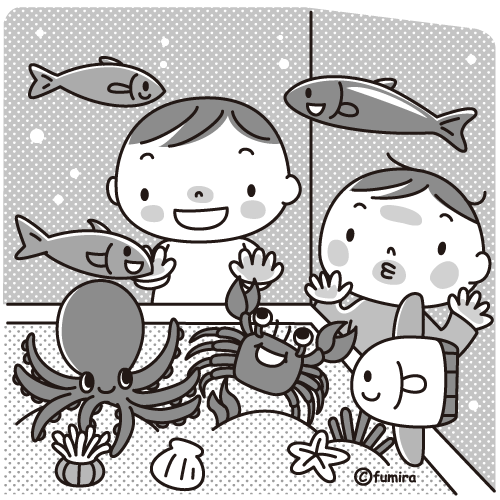 水族館のイラスト（モノクロ）