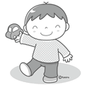 車のおもちゃと男の子のイラスト(モノクロ)