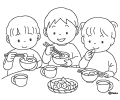 鏡開きのおしるこをたべるこどもたちのイラスト 鏡開きのおしるこをたべるこどもたちのイラスト