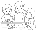 鏡開きをする子どもたちと保育士さんのイラスト 鏡開きをする子どもたちと保育士さんのイラスト