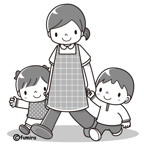 先生と園児お散歩のイラスト（モノクロ）