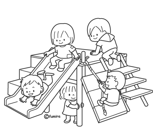 遊具で遊ぶこどもたちのイラスト（ぬりえ） 

