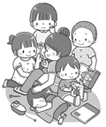 保育士さんと子供たち(モノクロ)
