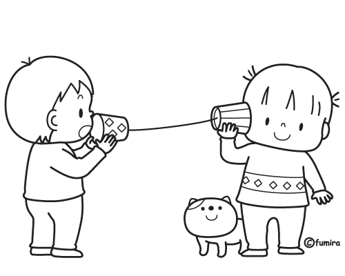糸電話で遊ぶ子どものイラスト2（ぬりえ）

