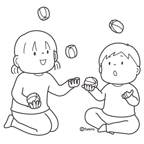 お手玉であそぶ子どもたちのイラスト（ぬりえ）

