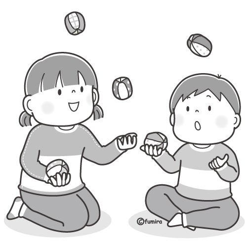 お手玉であそぶ子どもたちのイラスト（モノクロ）

