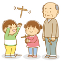 竹とんぼであそぶこども 竹とんぼと子供とお年寄りのイラスト