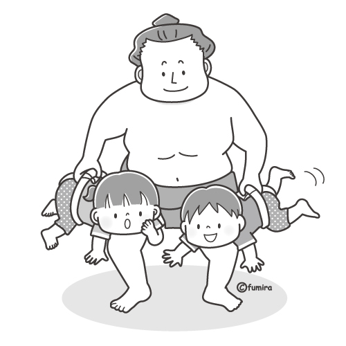 おすもうさんにもちあげられるこどもたち（モノクロ）

