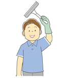 浴室水切りワイパー スクイジーをかける男性のイラスト(モノクロ) 浴室水切りワイパー スクイジーをかける男性のイラスト(モノクロ)