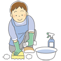 スポンジを使って掃除をする男性のイラスト(モノクロ) スポンジを使って掃除をする男性のイラスト(モノクロ)