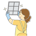 エアコンやレンジフードのフィルタ掃除をする女性のイラスト(モノクロ) エアコンやレンジフードのフィルタ掃除をする女性のイラスト(モノクロ)