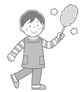 はたきでほこりをはらう男の子のイラスト(モノクロ) はたきでほこりをはらう男の子のイラスト(モノクロ)