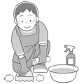 スポンジを使って掃除をする男性のイラスト(モノクロ) スポンジを使って掃除をする男性のイラスト(モノクロ)
