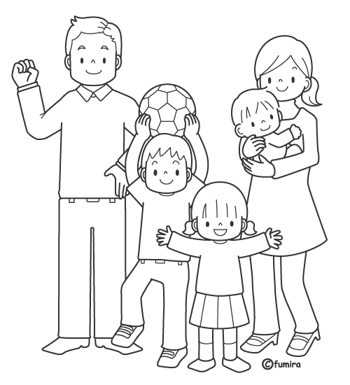 ５人家族のイラスト（ぬりえ）