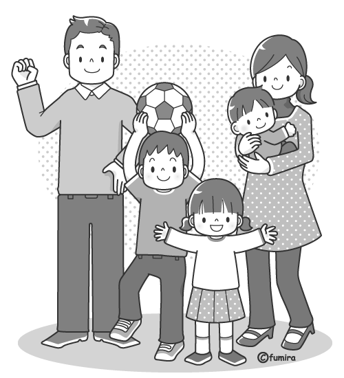 ５人家族のイラスト（モノクロ）