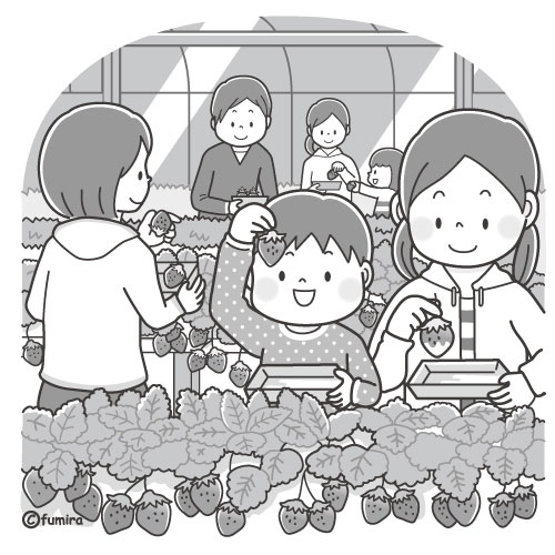 いちご狩りをする家族のイラスト（モノクロ）