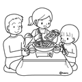 コタツで鍋をする家族(ぬりえ)