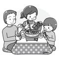 コタツで鍋をする家族(モノクロ)