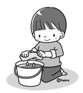 お掃除・雑巾を絞るこども(モノクロ)