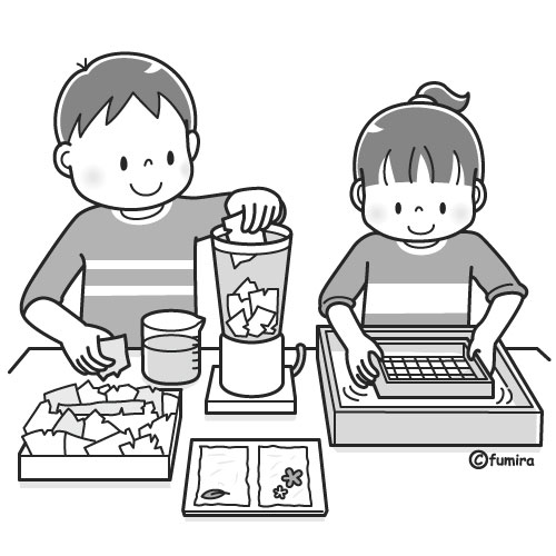 紙漉き・和紙を作るこどもたちのイラスト（モノクロ）
