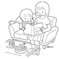 ソファでくつろぐ親子(ぬりえ)