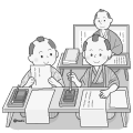 寺子屋で勉強している江戸時代の子どもたちと先生のイラスト(モノクロ) 寺子屋で勉強している江戸時代の子どもたちと先生のイラスト(モノクロ)