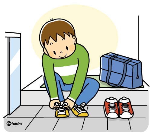玄関で靴を履く男の子のイラスト（カラー）