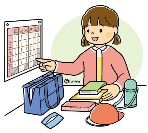 時間割を見て持ち物をそろえる女の子のイラスト（カラー）